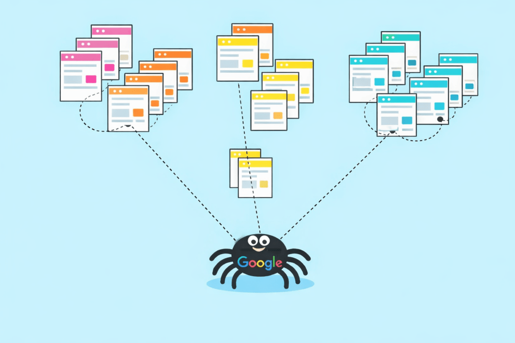 Googlebot crawling multiple web pages across a website structure